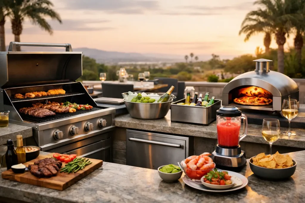Luxury outdoor kitchen appliances including grill, pizza oven, and beverage refrigerator for elevated entertaining in Spring Hill, Florida.