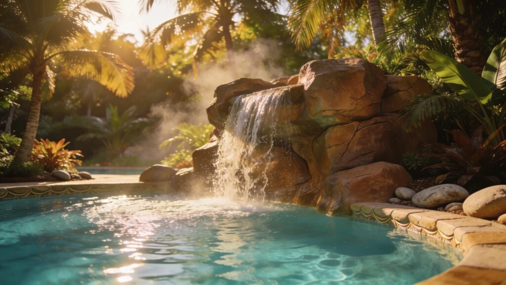 Luxurious faux rock waterfall integrated with a swimming pool in a tropical landscape