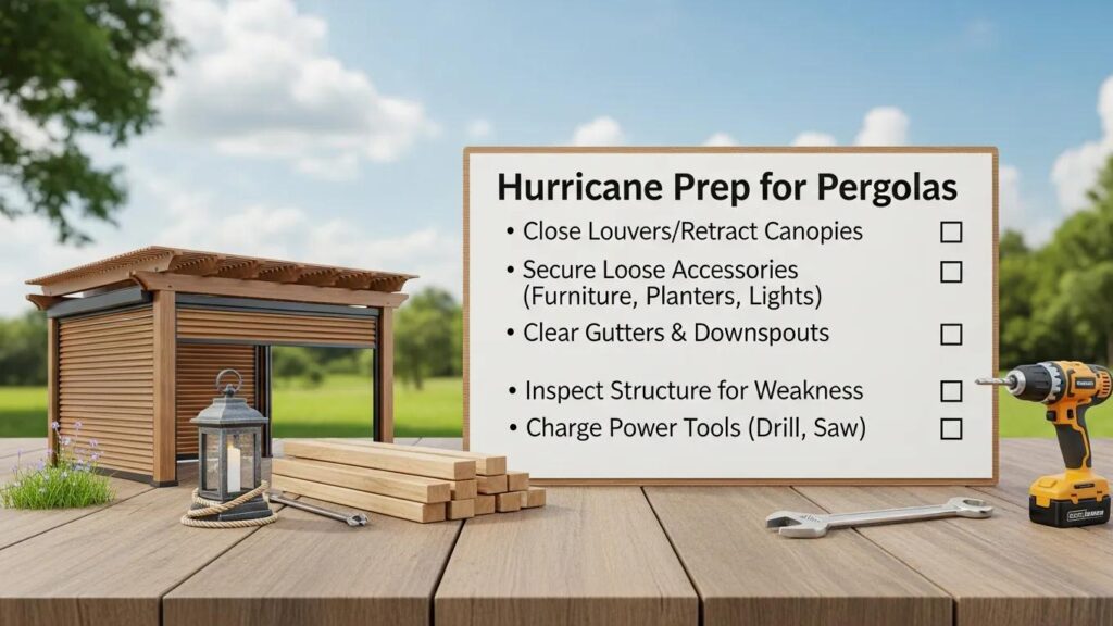 Checklist for hurricane preparation and post-storm inspection of pergolas in a serene outdoor setting