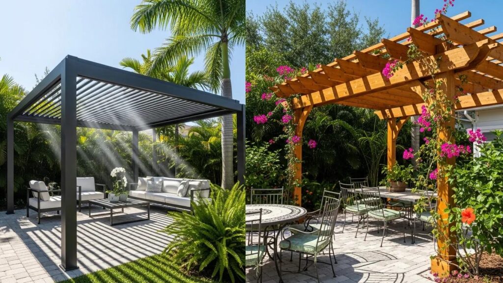 Comparison of aluminum and wood pergolas in a sunny Florida backyard, showcasing outdoor living