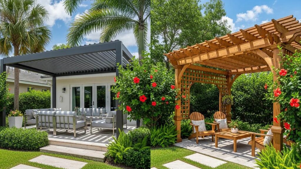 Comparison of aluminum and wood pergolas in a sunny Florida backyard, showcasing outdoor living