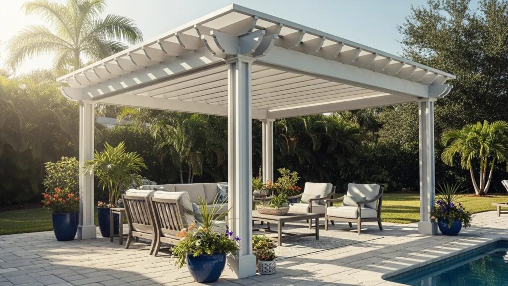 Composite and vinyl pergola in a stylish Florida outdoor living space
