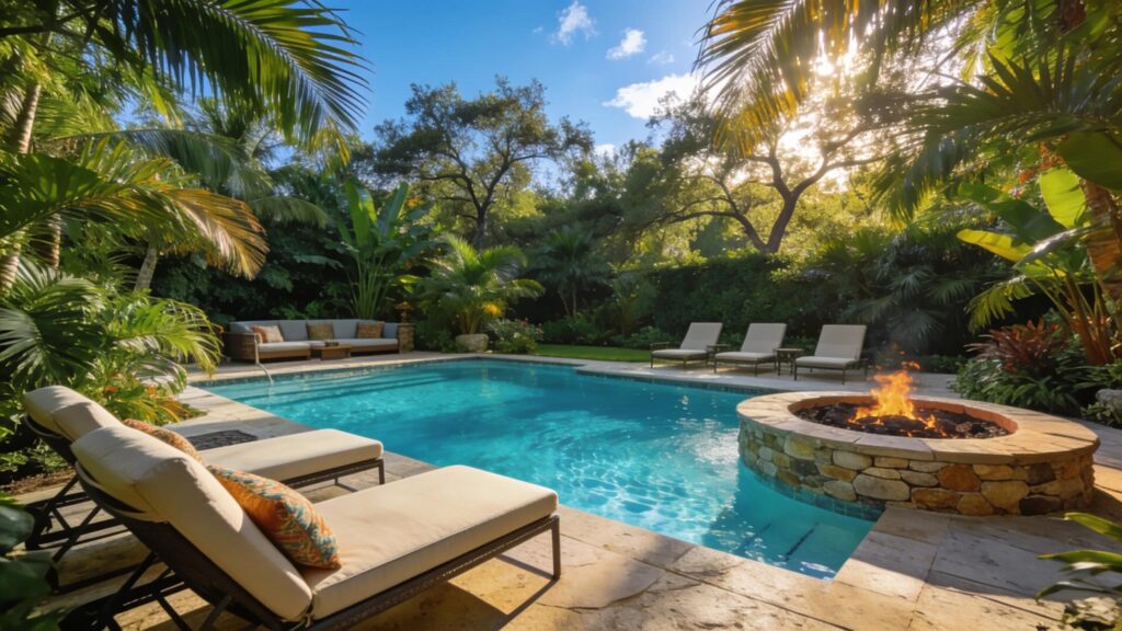 Luxury resort-style backyard with a pool, tropical plants, and lounge chairs