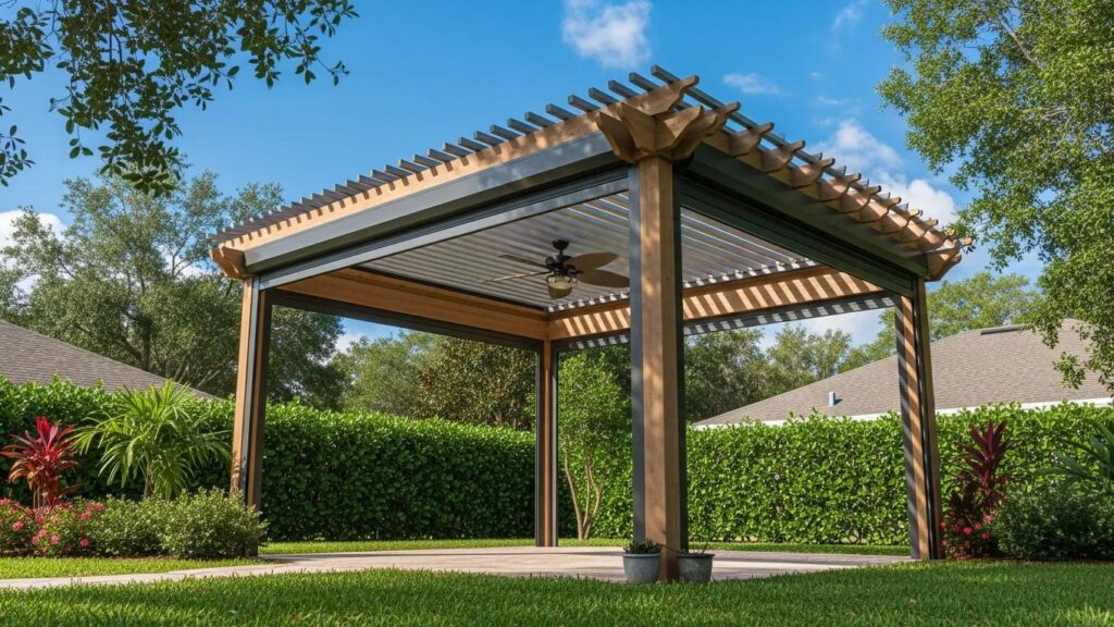 Florida pergola made of aluminum and wood in a sunny backyard, showcasing storm readiness
