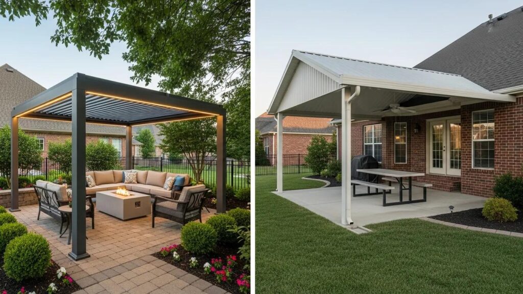 Freestanding luxury pergola and attached traditional patio cover, illustrating design flexibility in outdoor spaces