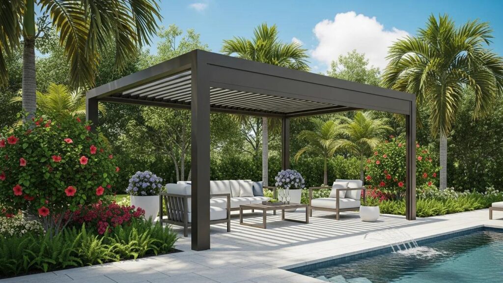 Luxury aluminum pergola in a Florida backyard surrounded by greenery