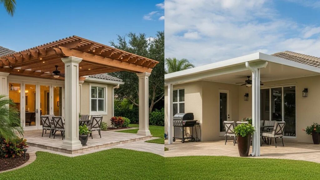 Close-up of materials for luxury pergolas and traditional patio covers, highlighting durability and aesthetics