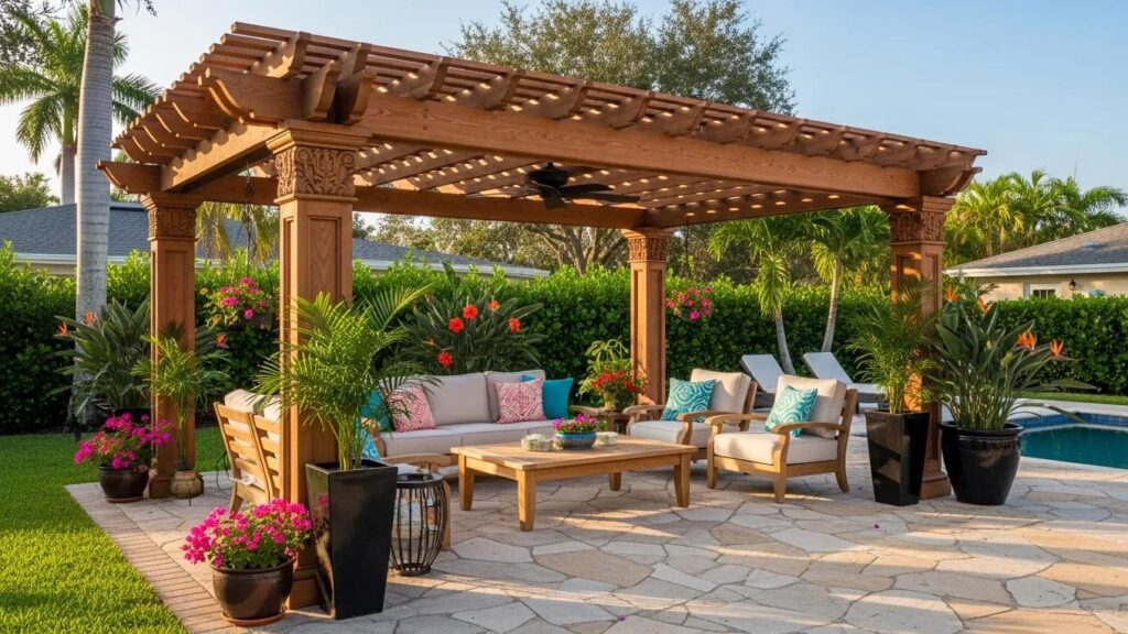 Luxury pergola in a Florida backyard highlighting outdoor living and maintenance