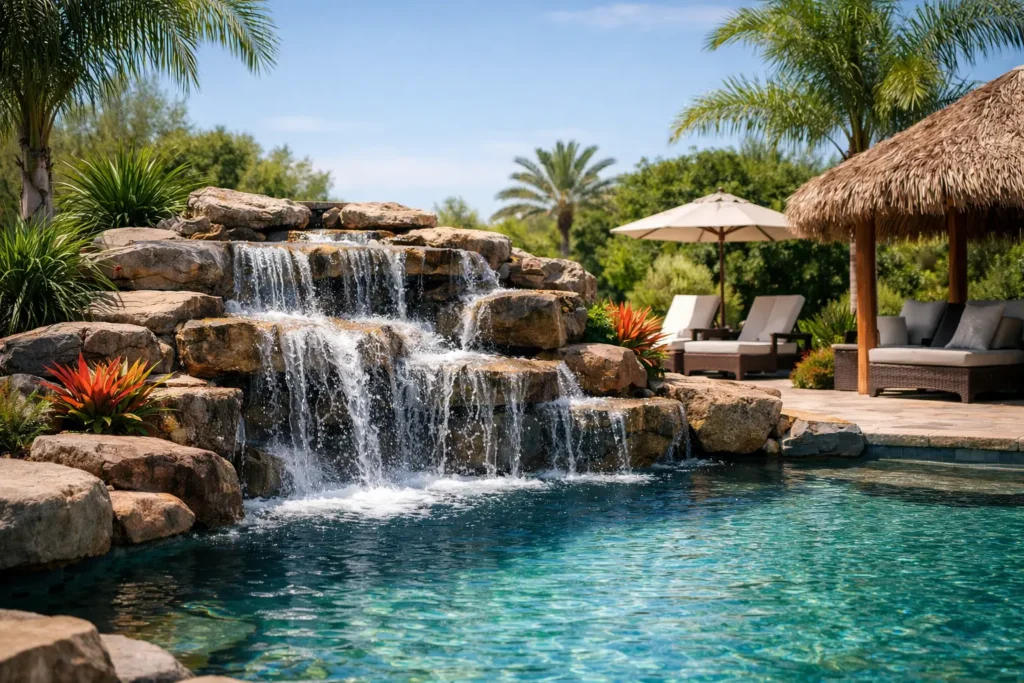 Resort Style Backyard Waterfall Design Ideas