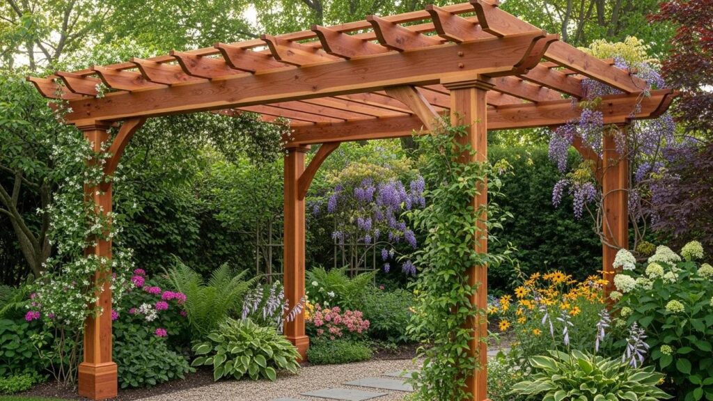 Western Red Cedar pergola surrounded by lush garden showcasing natural beauty