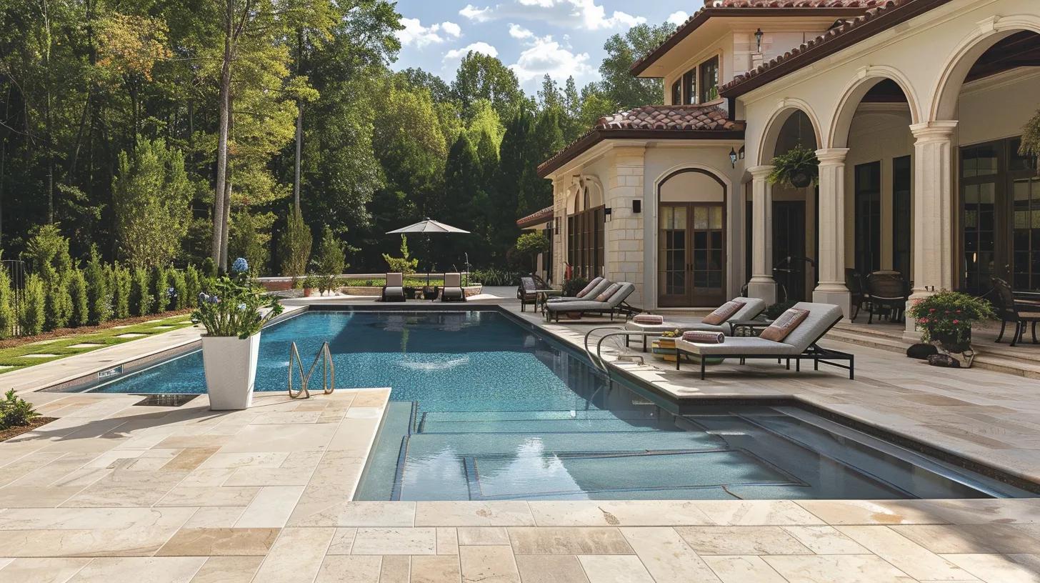 Luxury pool deck with travertine pavers and elegant outdoor furniture in Florida