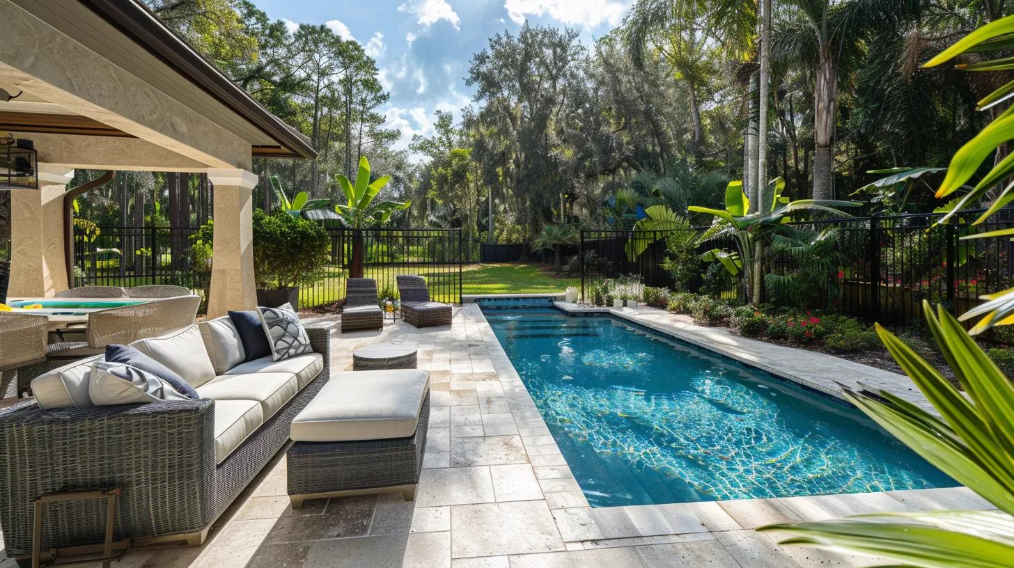 Luxury outdoor living space in Florida with a tall vinyl privacy fence and a pool, emphasizing privacy and elegance