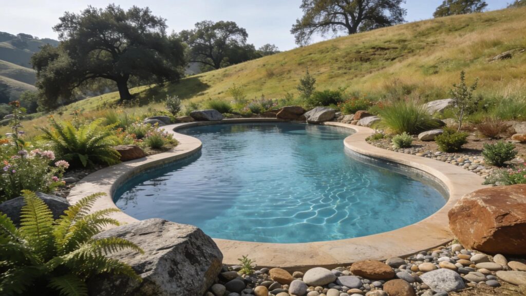 Stunning custom natural pool featuring organic shapes and native plants enhancing outdoor harmony