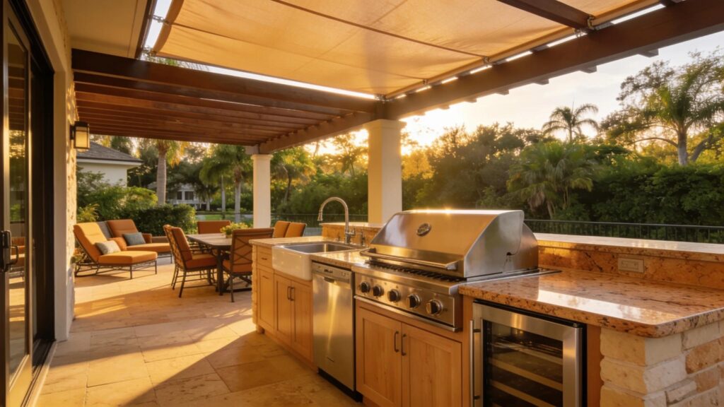 Luxury outdoor kitchen in Tampa Bay with marine-grade stainless steel appliances and elegant granite countertops