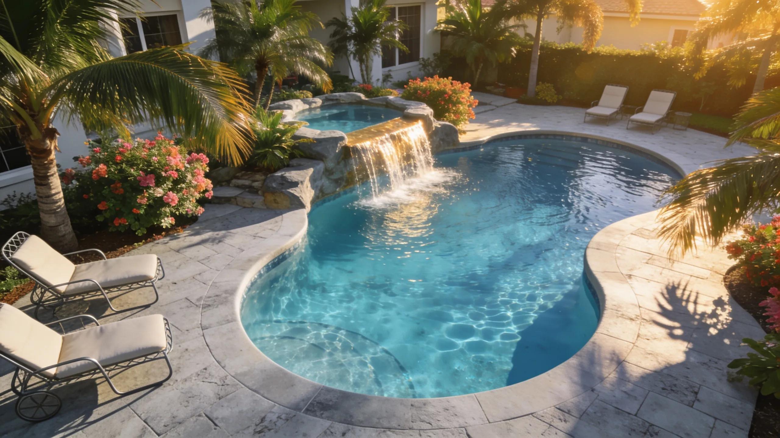 Custom gunite pool in a lush Florida backyard highlighting unique design features
