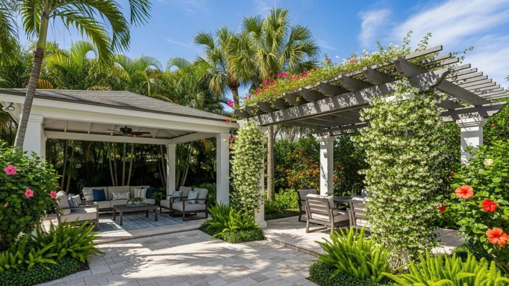 Comparison of an outdoor pavilion and a pergola in a sunny Florida backyard