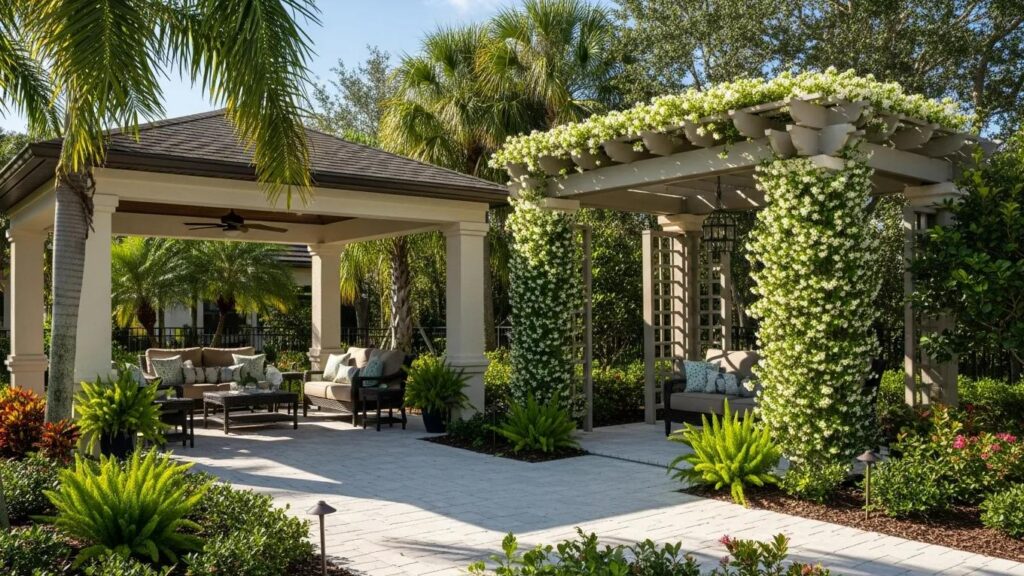 Comparison of an outdoor pavilion and a pergola in a sunny Florida backyard