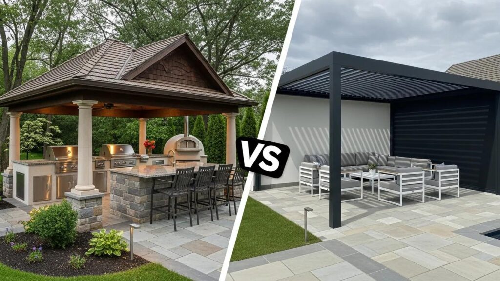 Cost comparison between a premium pavilion and a motorized louvered pergola in a Florida backyard