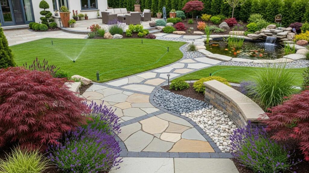 Diverse landscaping materials showcasing premium plants and hardscaping elements