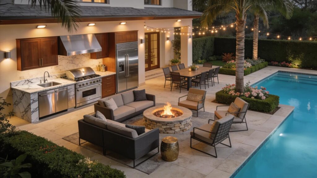 Elegant outdoor living space with a luxurious pool, outdoor kitchen, and stylish landscaping for premium relaxation