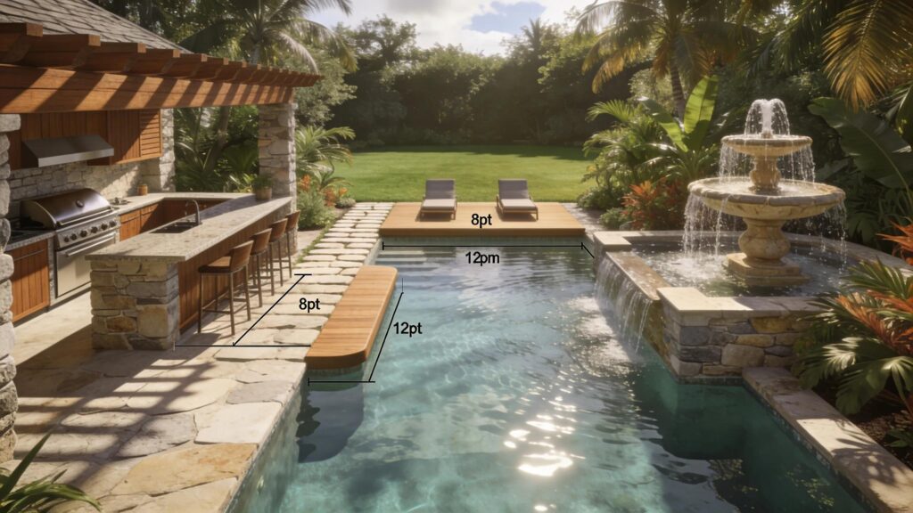 Elegant resort-style backyard with high-end outdoor kitchen and sophisticated water features