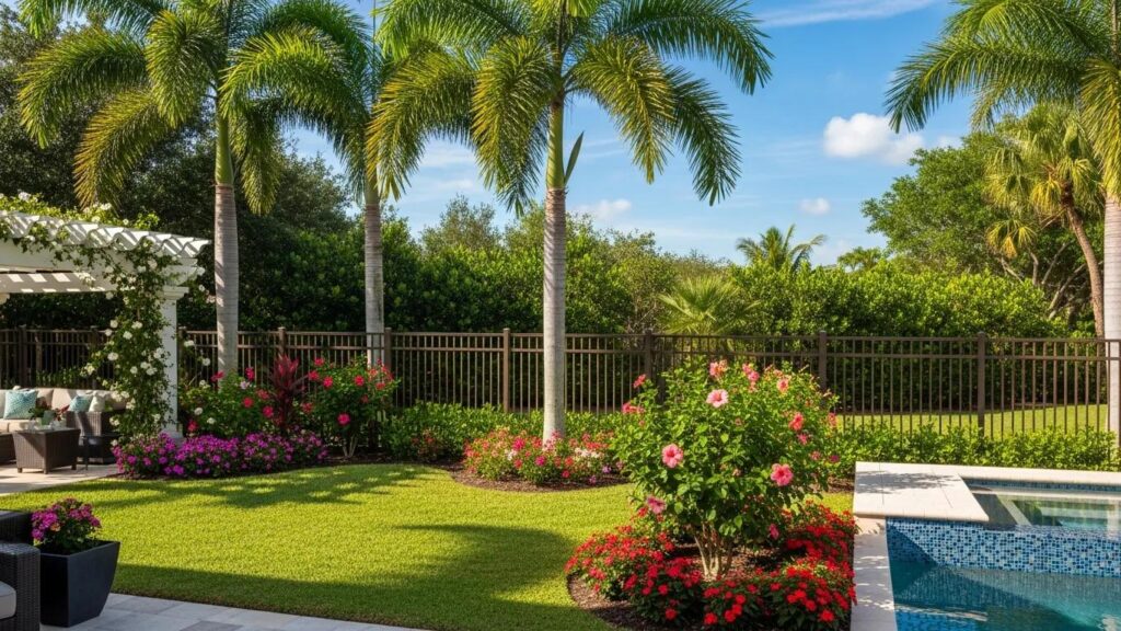 Luxurious Florida backyard with high-end aluminum fencing showcasing elegance and durability