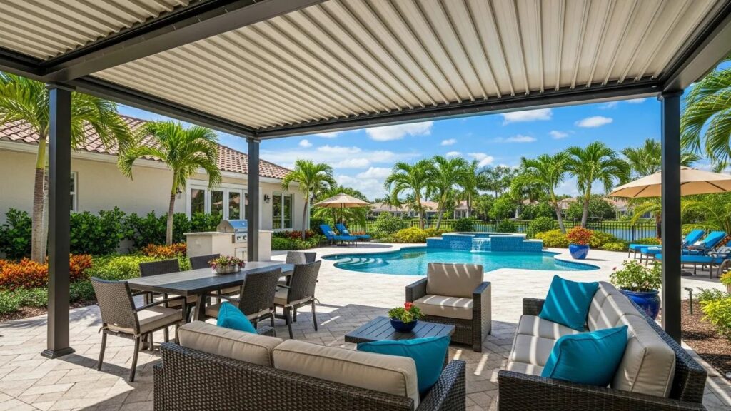 Luxurious Florida outdoor living space featuring a motorized pergola and resort-style pool