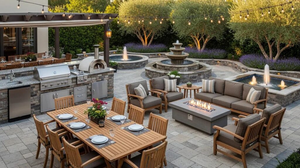 Luxurious outdoor living environment with kitchen, patio, and water features