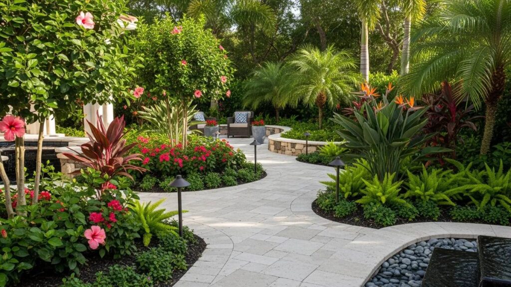 Luxury landscaping design in Florida featuring vibrant flowers and elegant hardscaping