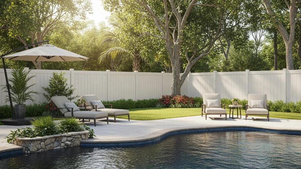Luxury outdoor living space in Florida with a tall vinyl privacy fence and a pool, emphasizing privacy and elegance