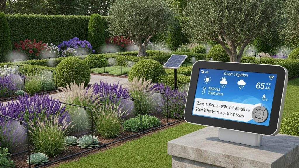 Smart irrigation system in a luxury garden with native plants and technology integration