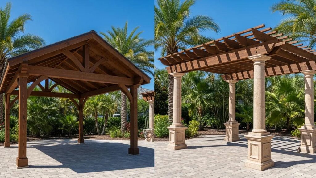 Structural comparison of a solid-roof pavilion and an open-lattice pergola in Florida