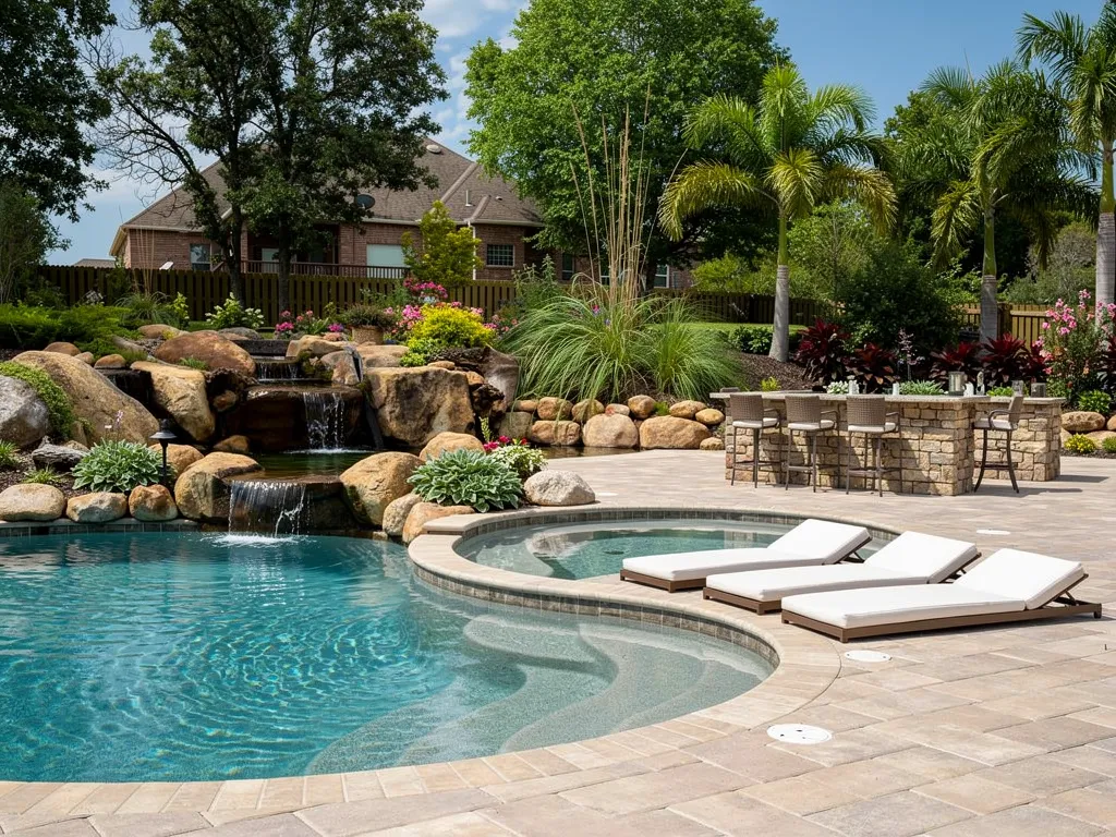 Which resort-style elements enhance fiberglass pool designs