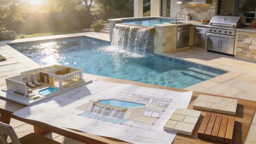 Overview of luxury pool project showcasing 3D design plans and integrated outdoor living features