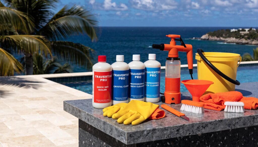 Workstation with maintenance tools for travertine pool decks ensuring long-term protection and care