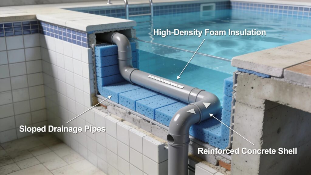 Cutaway view of engineered custom pool design showcasing thermal retention materials and systems