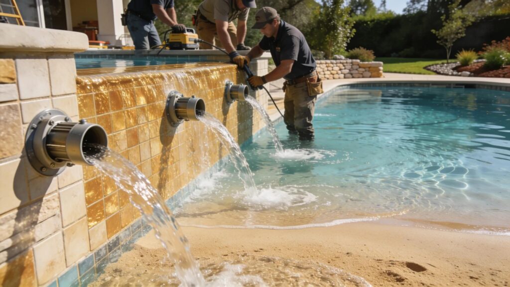 Submerged jets installation scene in luxury pool design enhancing water circulation and aesthetics