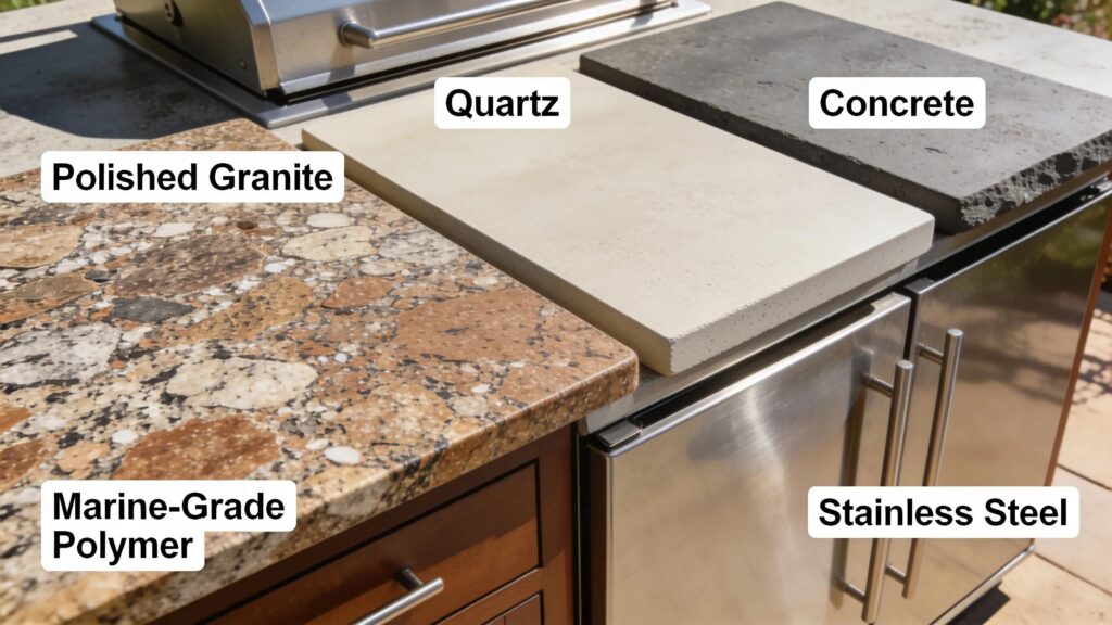 Different countertop materials including granite, quartz, and concrete with cabinetry samples