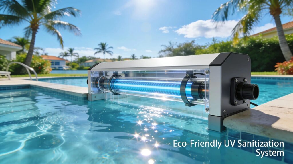 Eco-friendly UV sanitization unit installed in a biodesign pool ensuring clear and safe water