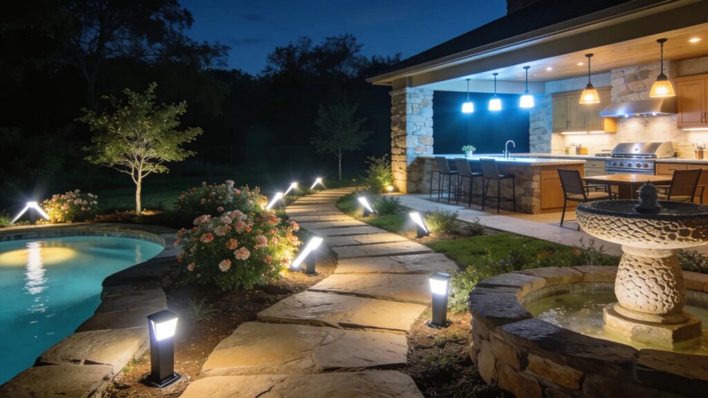 Outdoor lighting zoning principles with pathway lights and accent lighting in a Florida landscape