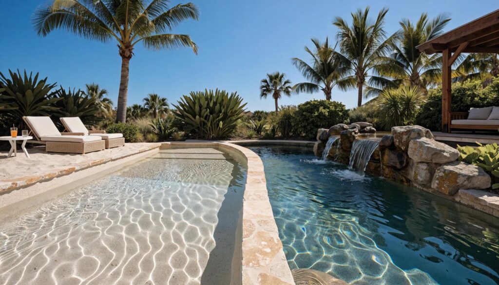 Comparison between a Naturi sand pool with beach entry and a custom gunite pool in a Florida backyard