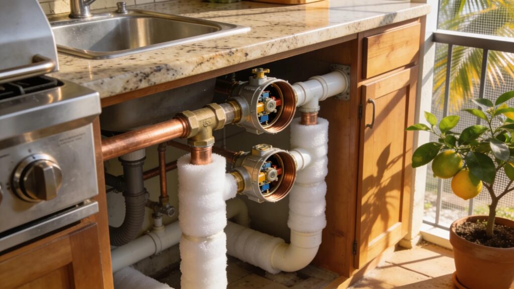Freeze protection valves installation in outdoor kitchen plumbing system, ensuring functionality during colder months