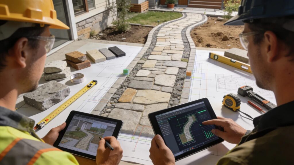 Installation process for custom hardscape walkways with 3D modeling integration in outdoor design