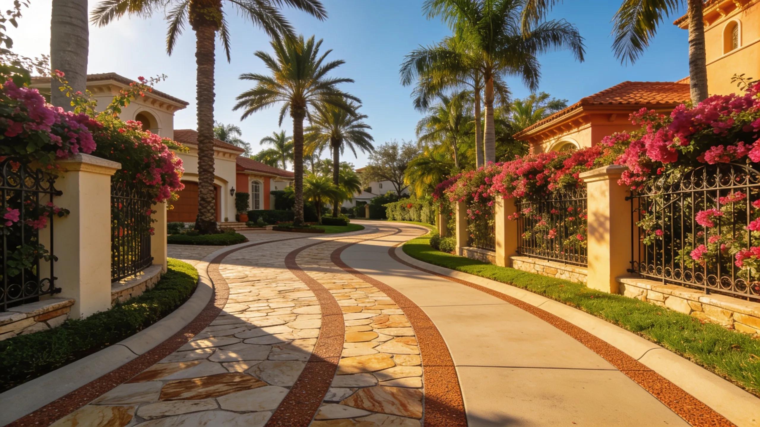 Luxurious driveway paver installation in a Florida neighborhood with natural stone and architectural concrete pavers
