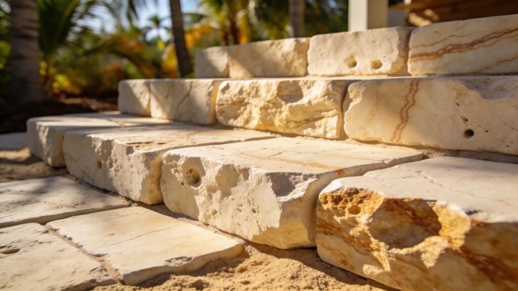Thick tumbled travertine paving stones highlighting durability in Florida weather