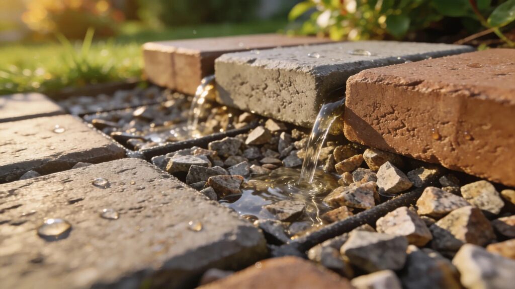 Detailed view of a permeable paver system with open-graded aggregate base for effective drainage