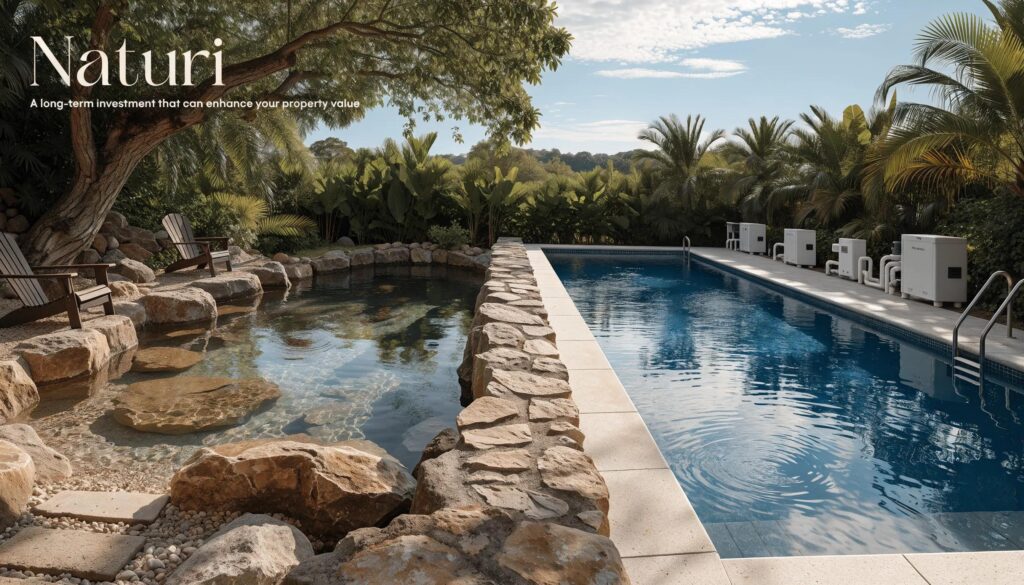 Side-by-side comparison of Naturi natural pool and traditional concrete pool, illustrating cost benefits and features
