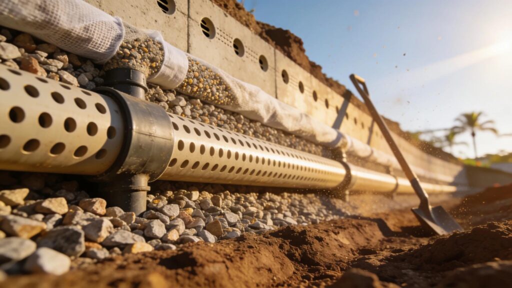 Construction of drainage solutions with perforated pipes and gravel backfill around retaining walls in Florida