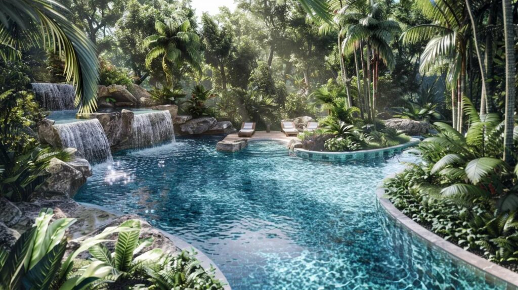 Handcrafted Naturi Pool with integrated waterfall and natural landscaping