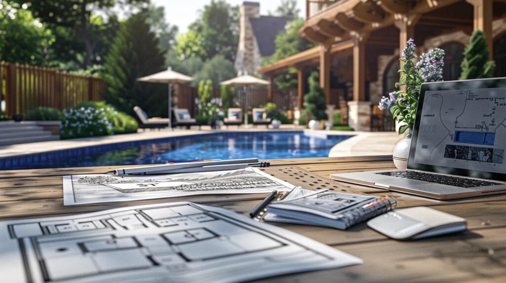 Homeowners consulting with a designer on the 8-step pool building process